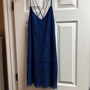 Beautiful blue lace, cross cross back mini dress size medium- Francesca’s